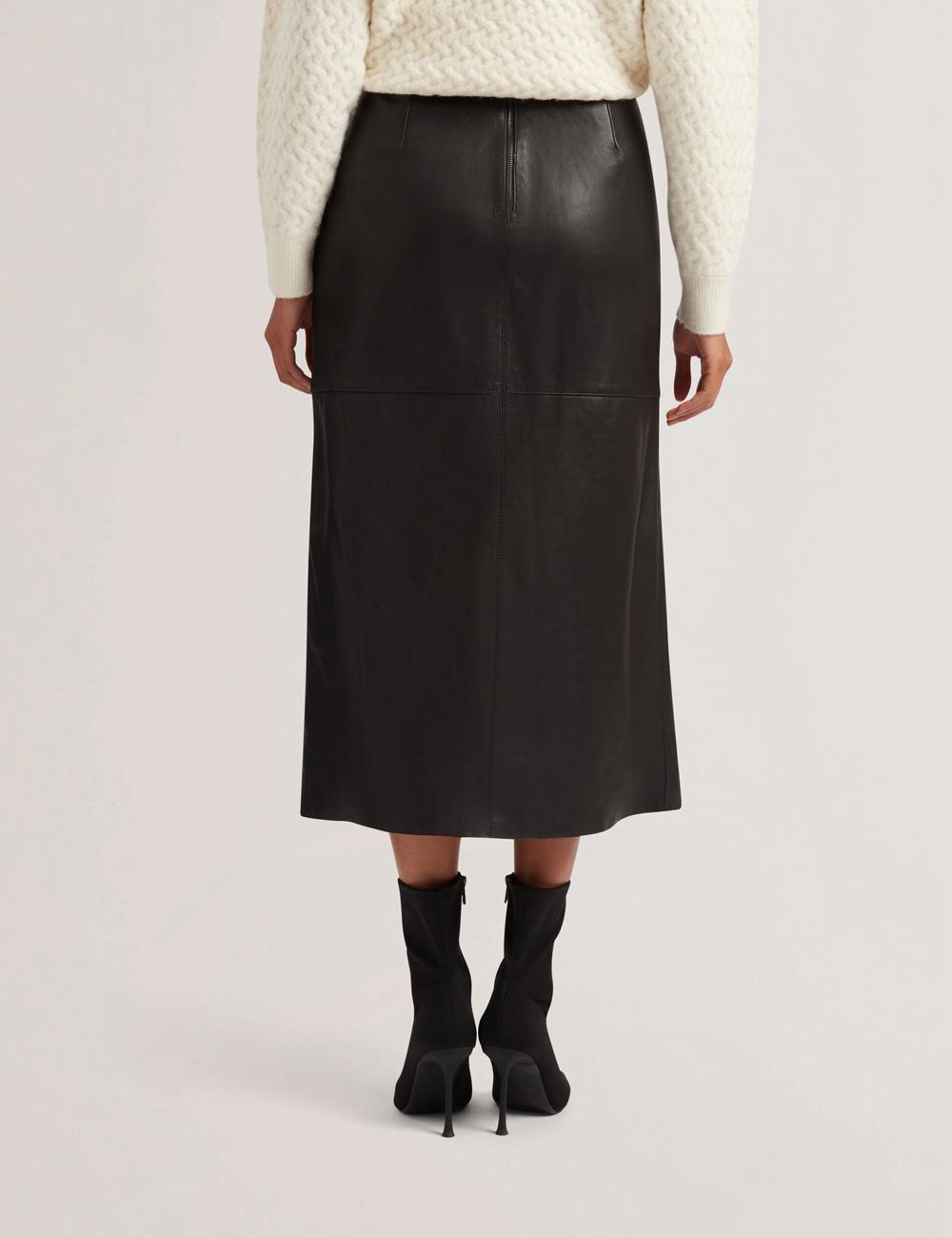 Black Women Ted Baker AOTO - Leather Pencil With Seam Detail Midi Skirts | SA  PVC-601239