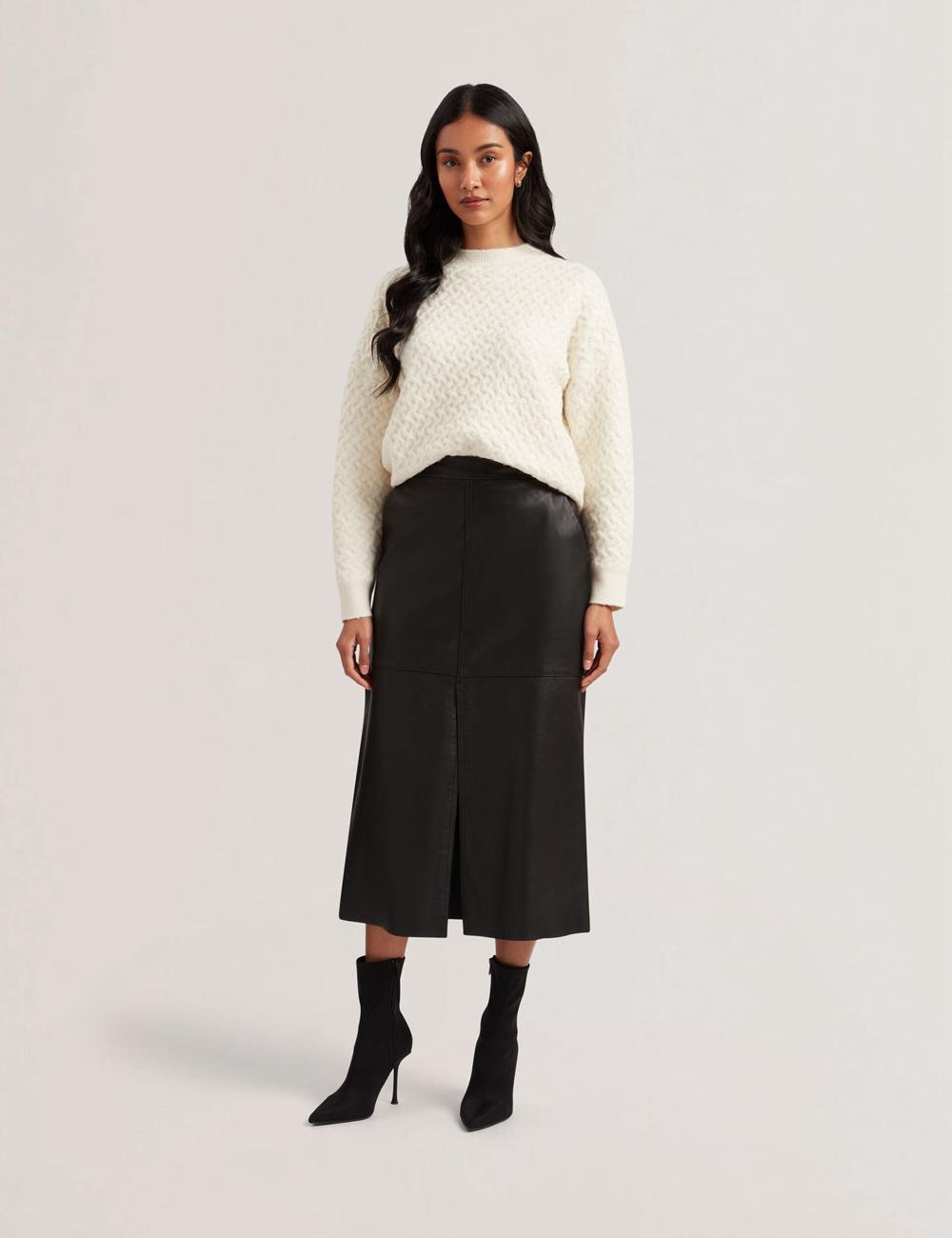 Black Women Ted Baker AOTO - Leather Pencil With Seam Detail Midi Skirts | SA  PVC-601239