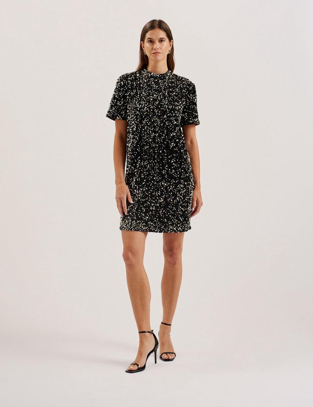 Black Women Ted Baker AUDRIYY - Sequin Embellished Velvet Shift Mini Dresses | SA  TFU-278645