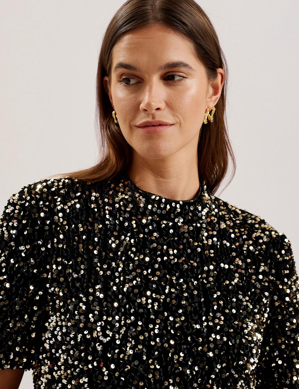 Black Women Ted Baker AUDRIYY - Sequin Embellished Velvet Shift Mini Dresses | SA  TFU-278645