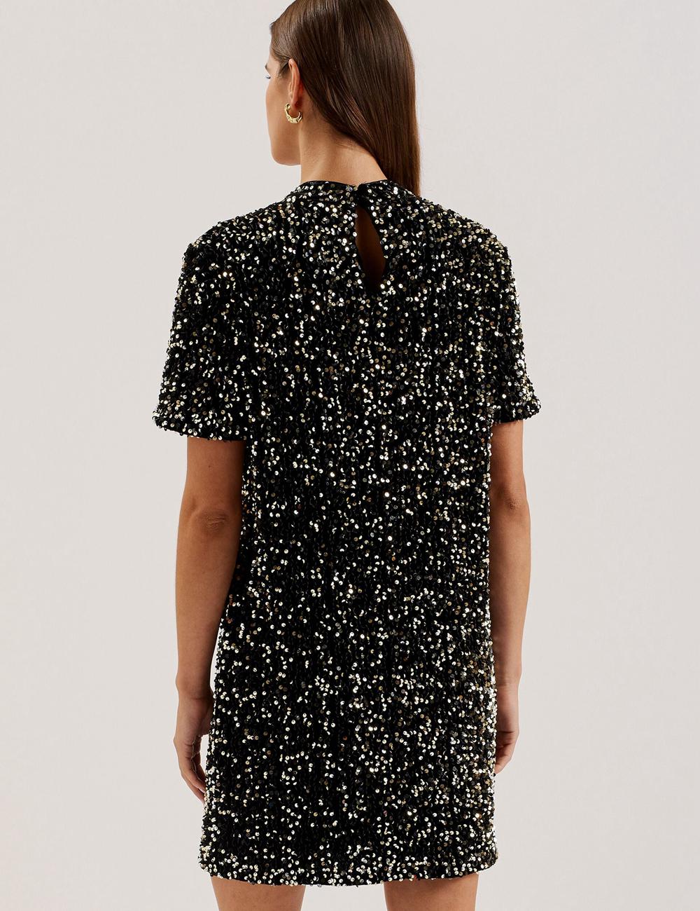 Black Women Ted Baker AUDRIYY - Sequin Embellished Velvet Shift Mini Dresses | SA  TFU-278645
