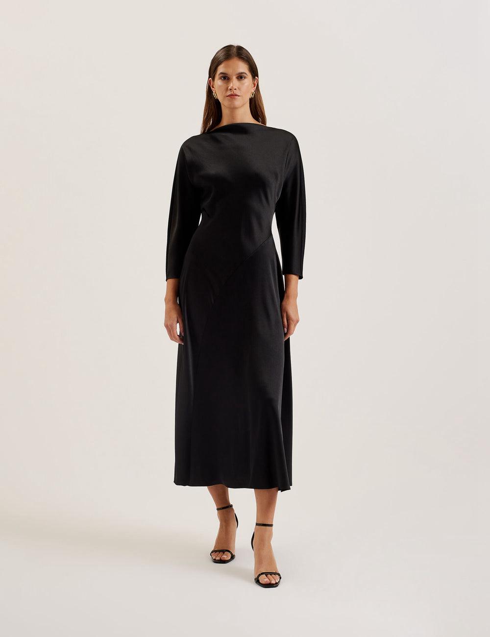 Black Women Ted Baker AVELLI - Satin Boat Neck A-Line Midi Dresses | SA  AYM-057321