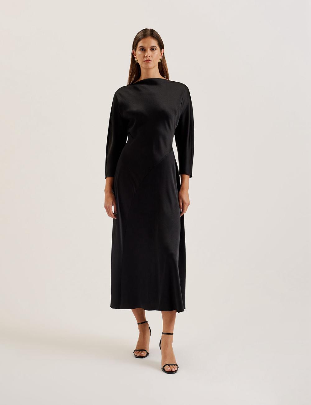 Black Women Ted Baker AVELLI - Satin Boat Neck A-Line Midi Dresses | SA  AYM-057321