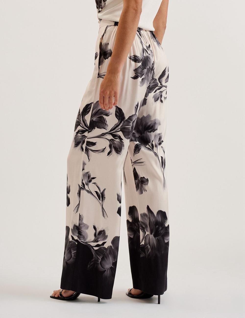 Black Women Ted Baker AWYNA - Floral Print Pull-On Wide Leg Trousers | SA  NHB-783409