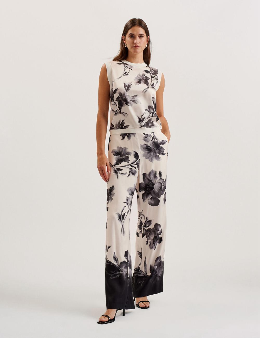 Black Women Ted Baker AWYNA - Floral Print Pull-On Wide Leg Trousers | SA  NHB-783409