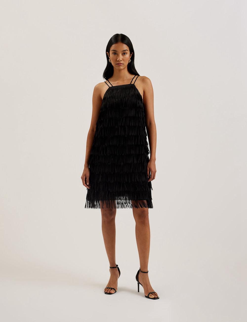 Black Women Ted Baker BARTIN - Fringed Sequin Halter Strap Mini Dresses | SA  ZUD-465382