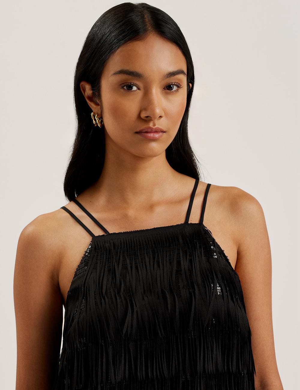 Black Women Ted Baker BARTIN - Fringed Sequin Halter Strap Mini Dresses | SA  ZUD-465382