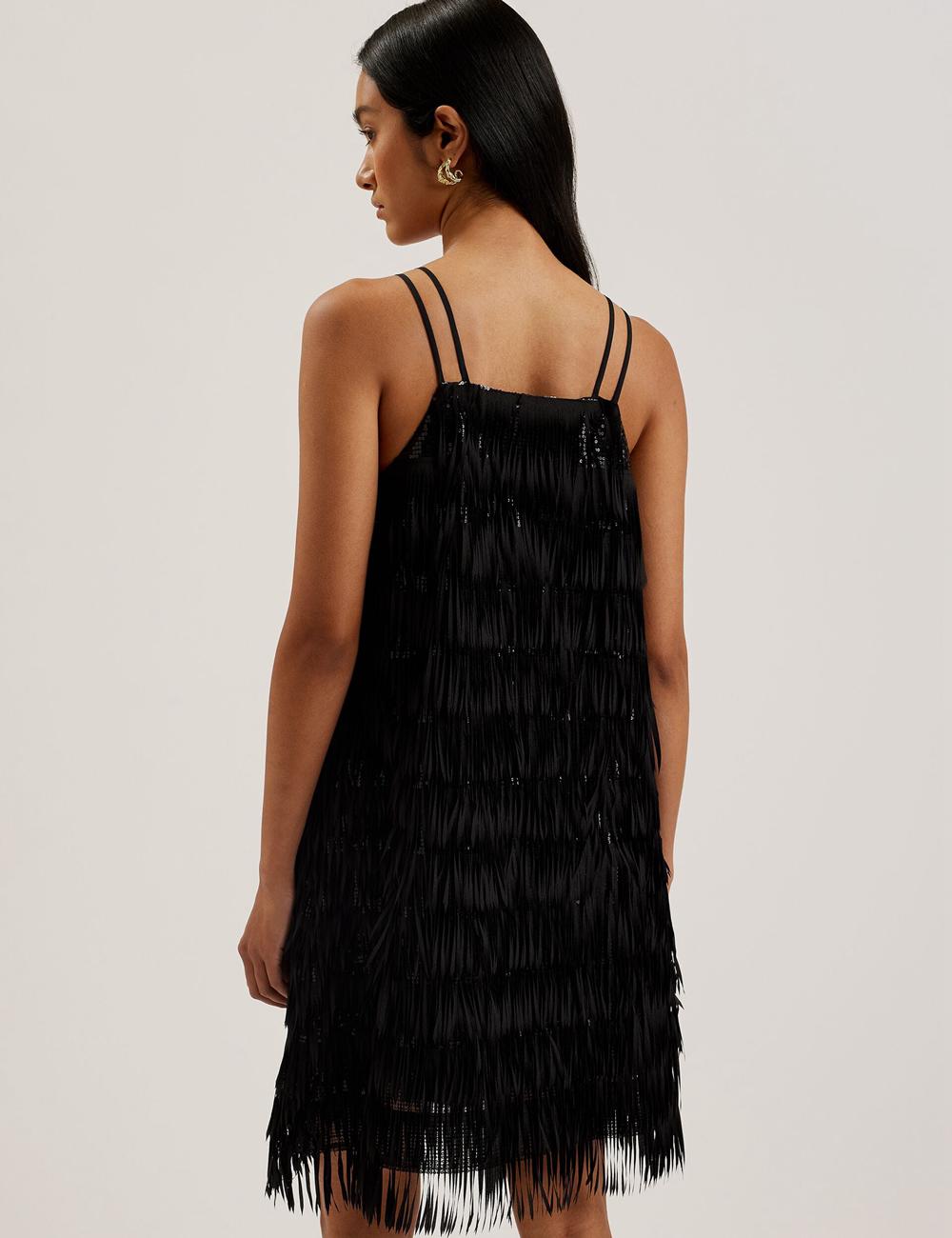 Black Women Ted Baker BARTIN - Fringed Sequin Halter Strap Mini Dresses | SA  ZUD-465382