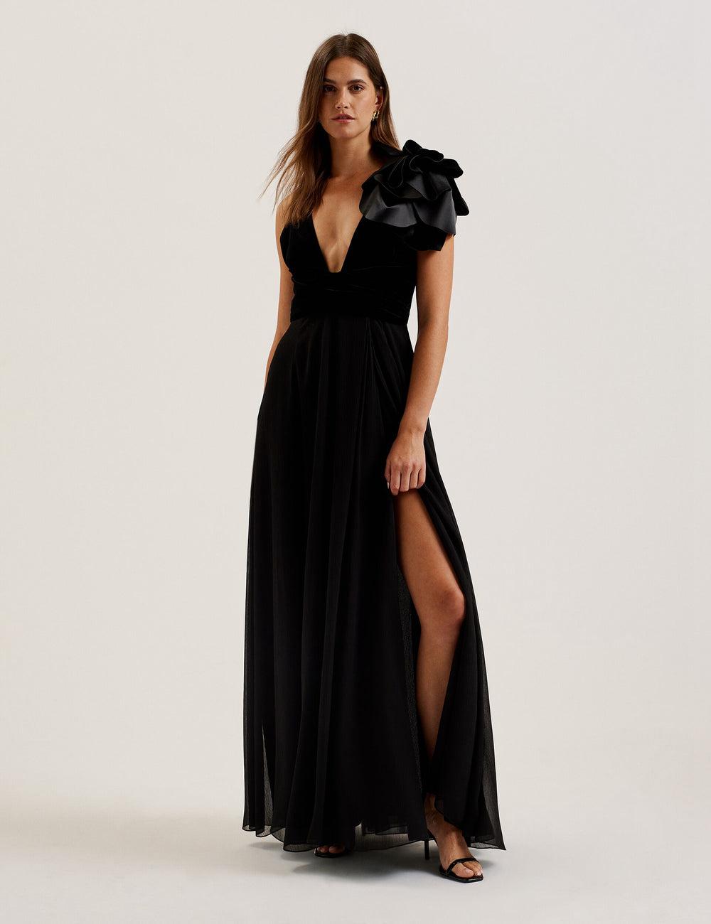 Black Women Ted Baker BEIRA - Corsage Plunge Neck Sleeveless Maxi Dresses | SA  PWM-614028