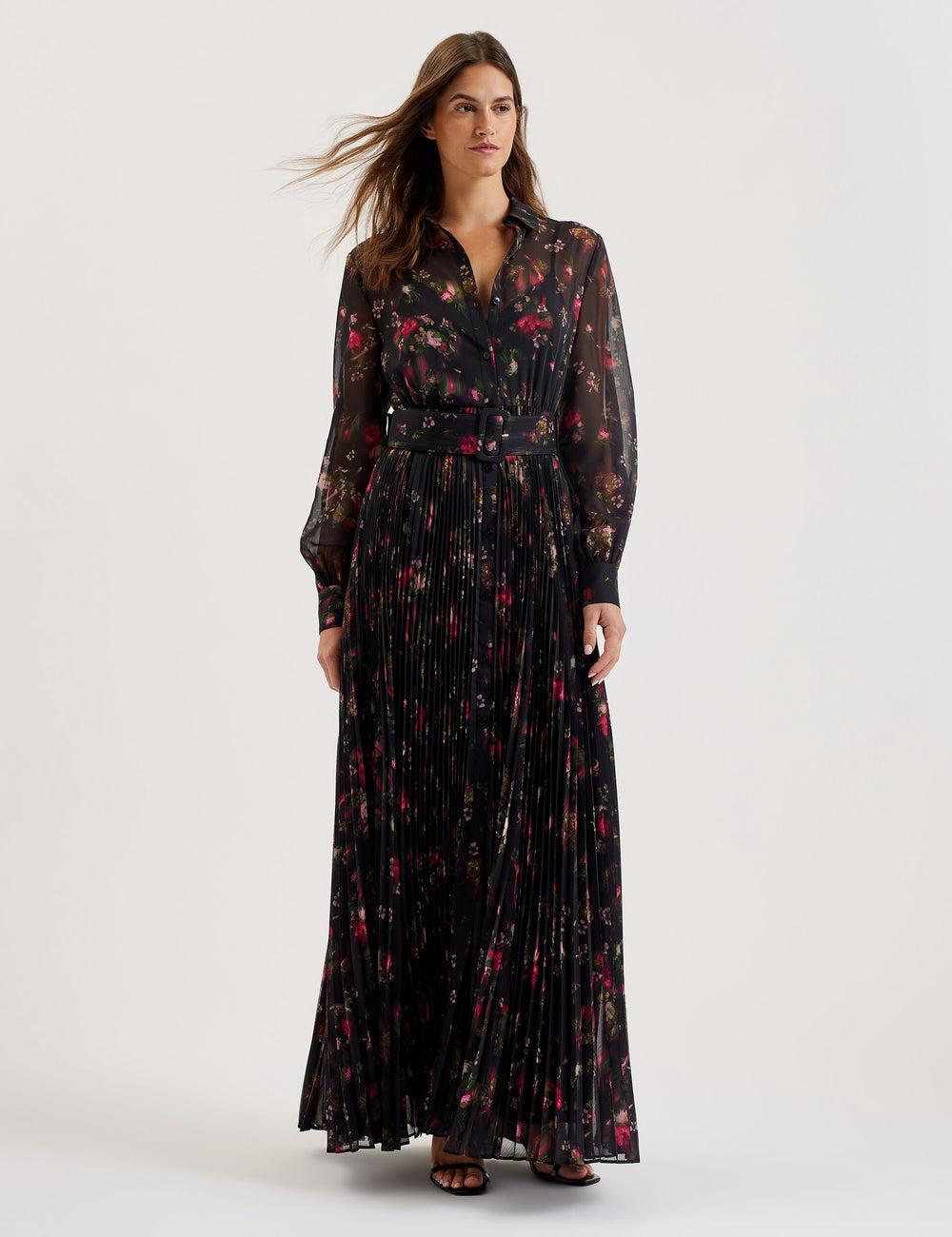 Black Women Ted Baker CEIBA - Floral Print Pleated Maxi Shirt Maxi Dresses | SA  WBH-658043