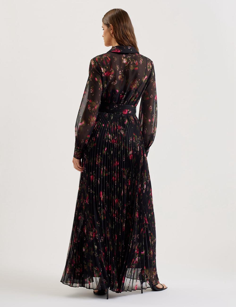 Black Women Ted Baker CEIBA - Floral Print Pleated Maxi Shirt Maxi Dresses | SA  WBH-658043
