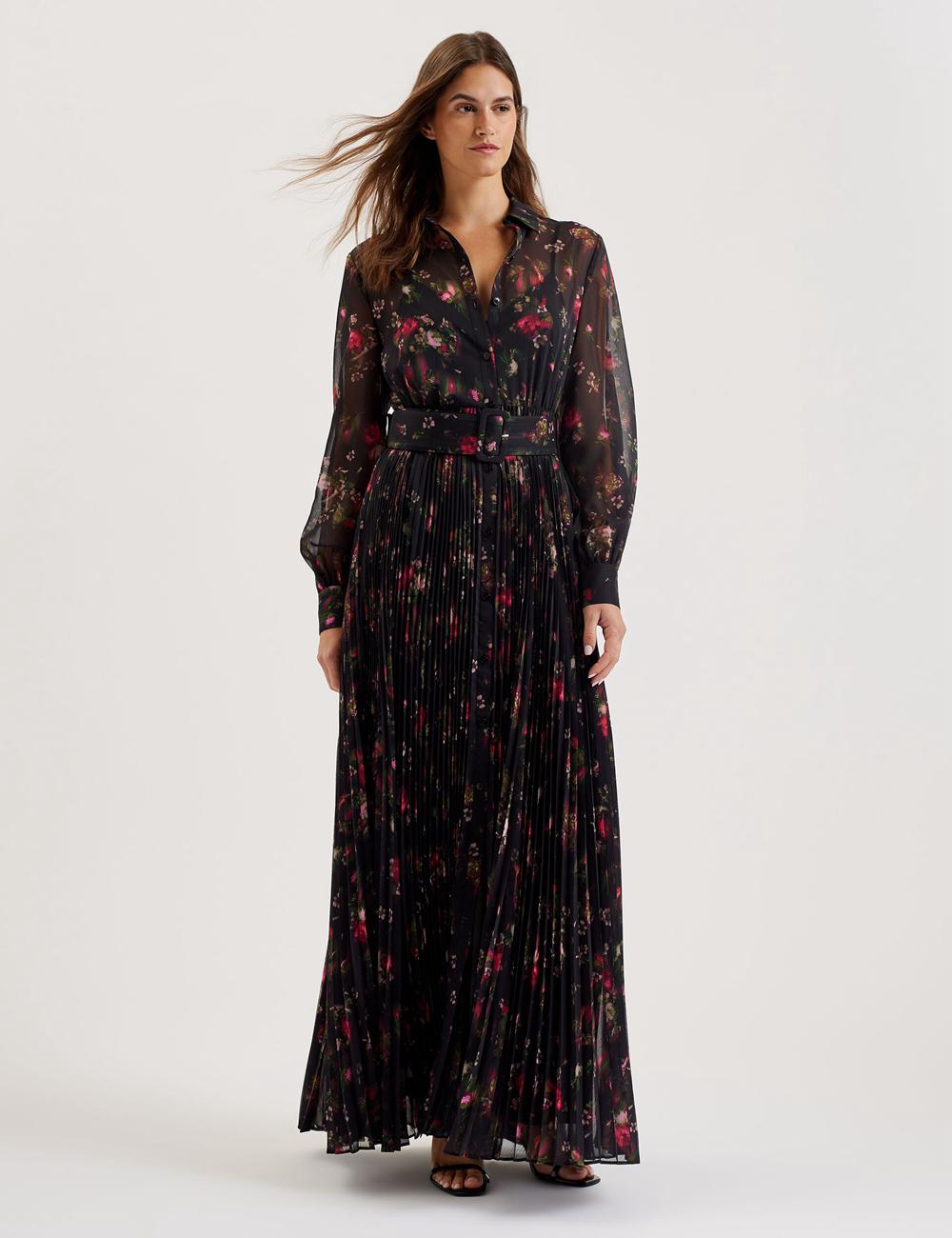Black Women Ted Baker CEIBA - Floral Print Pleated Maxi Shirt Maxi Dresses | SA  WBH-658043