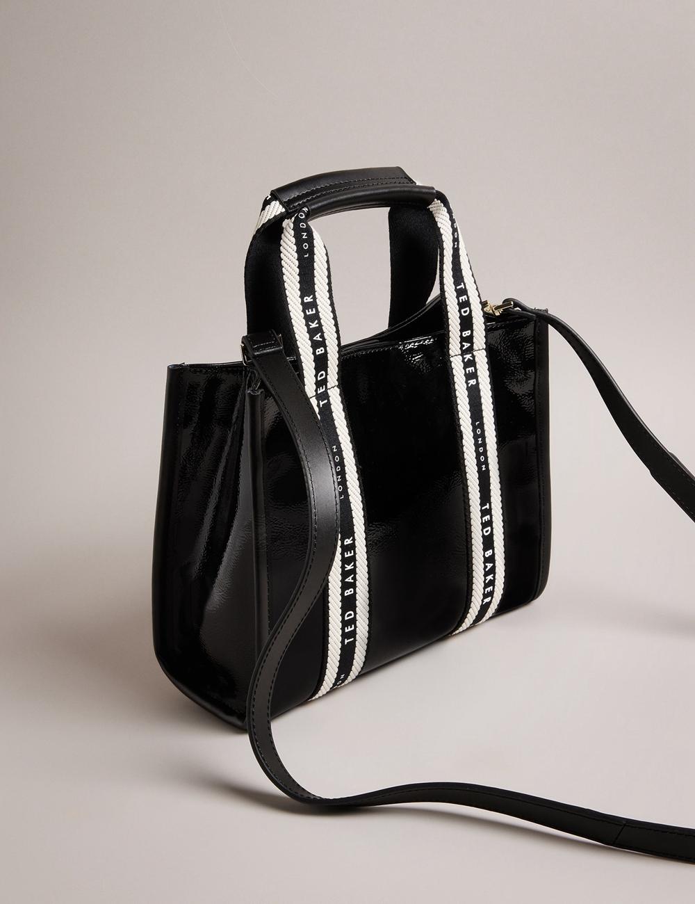 Black Women Ted Baker CELIANE - Branded Webbing Patent Small Tote Bags | SA  YPK-947285