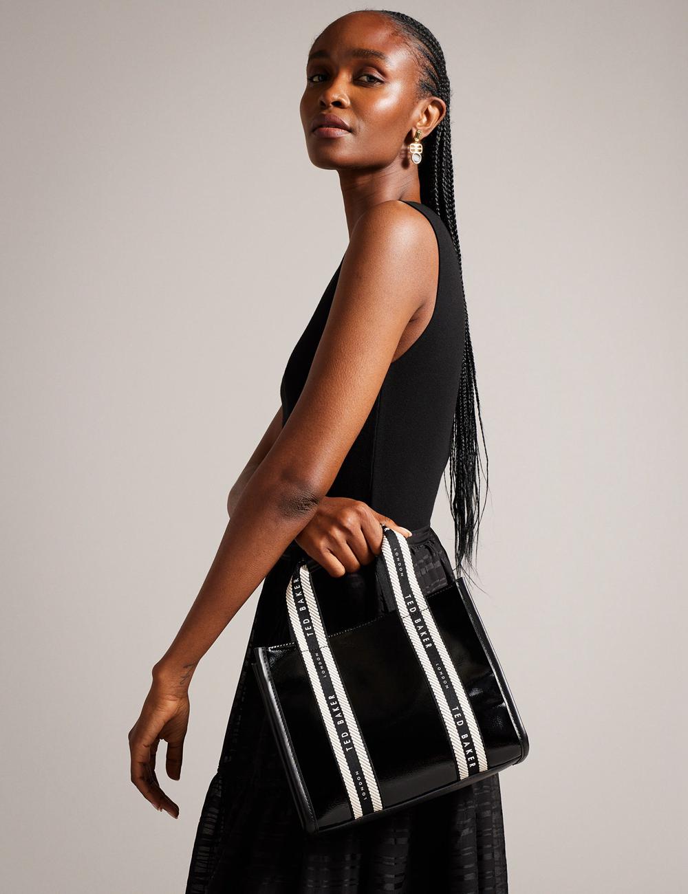 Black Women Ted Baker CELIANE - Branded Webbing Patent Small Tote Bags | SA  YPK-947285