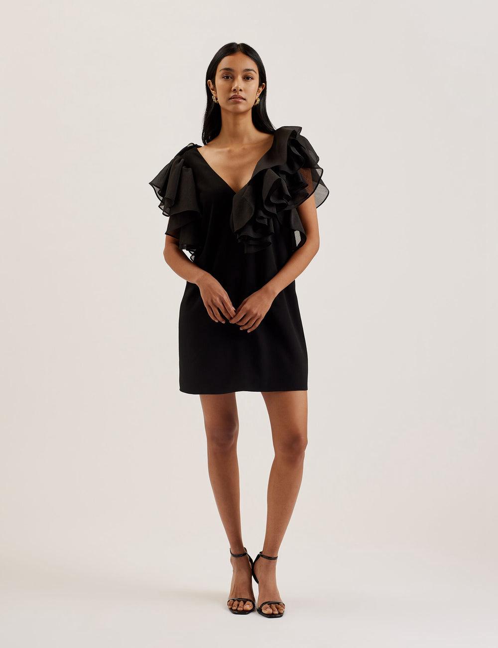 Black Women Ted Baker ELQUI - Oversized Ruffle Trim V-Neck Mini Dresses | SA  FTW-257639