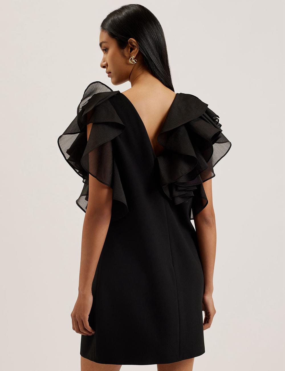 Black Women Ted Baker ELQUI - Oversized Ruffle Trim V-Neck Mini Dresses | SA  FTW-257639