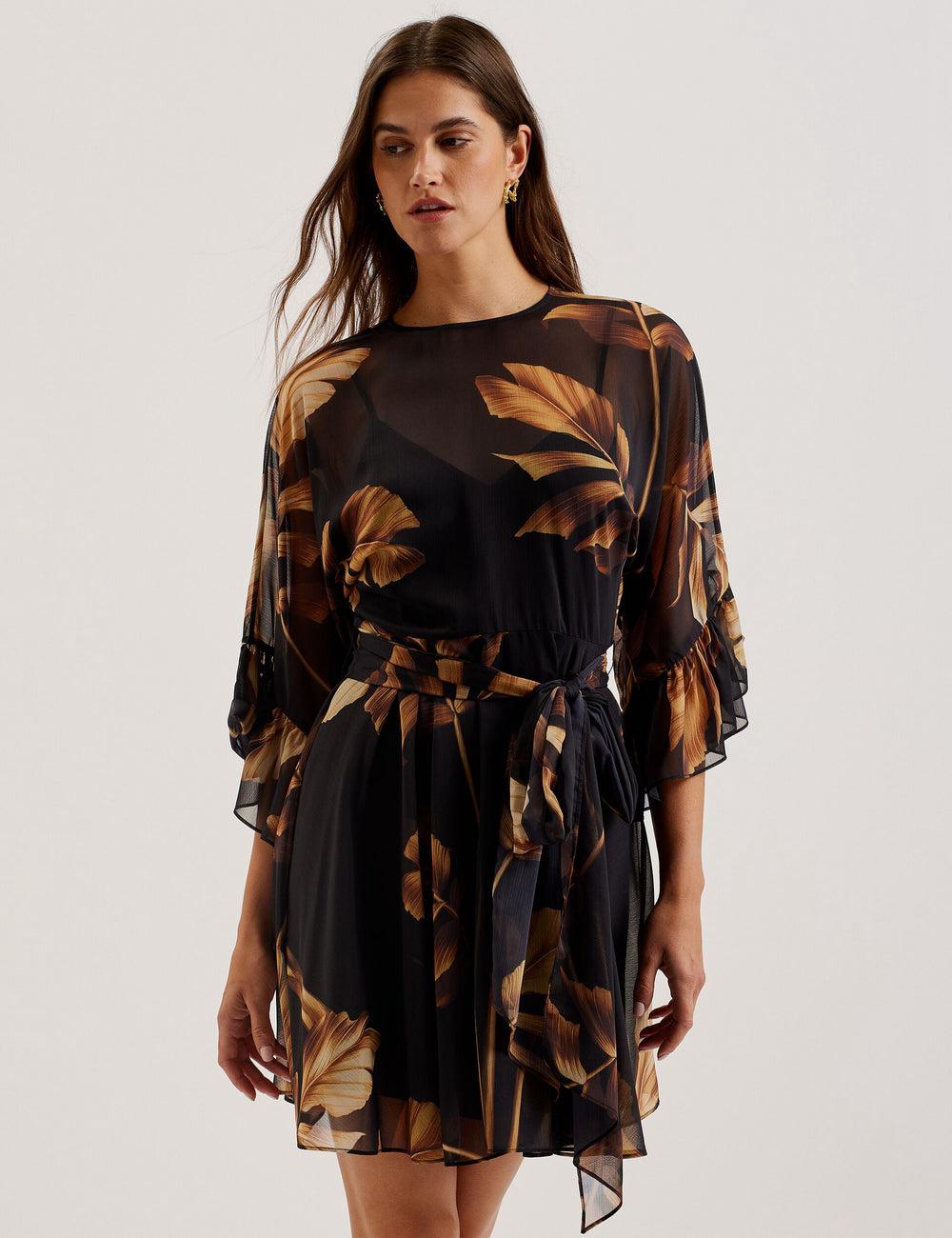 Black Women Ted Baker ELSTER - Printed Chiffon With Waist Mini Dresses | SA  JAN-342079