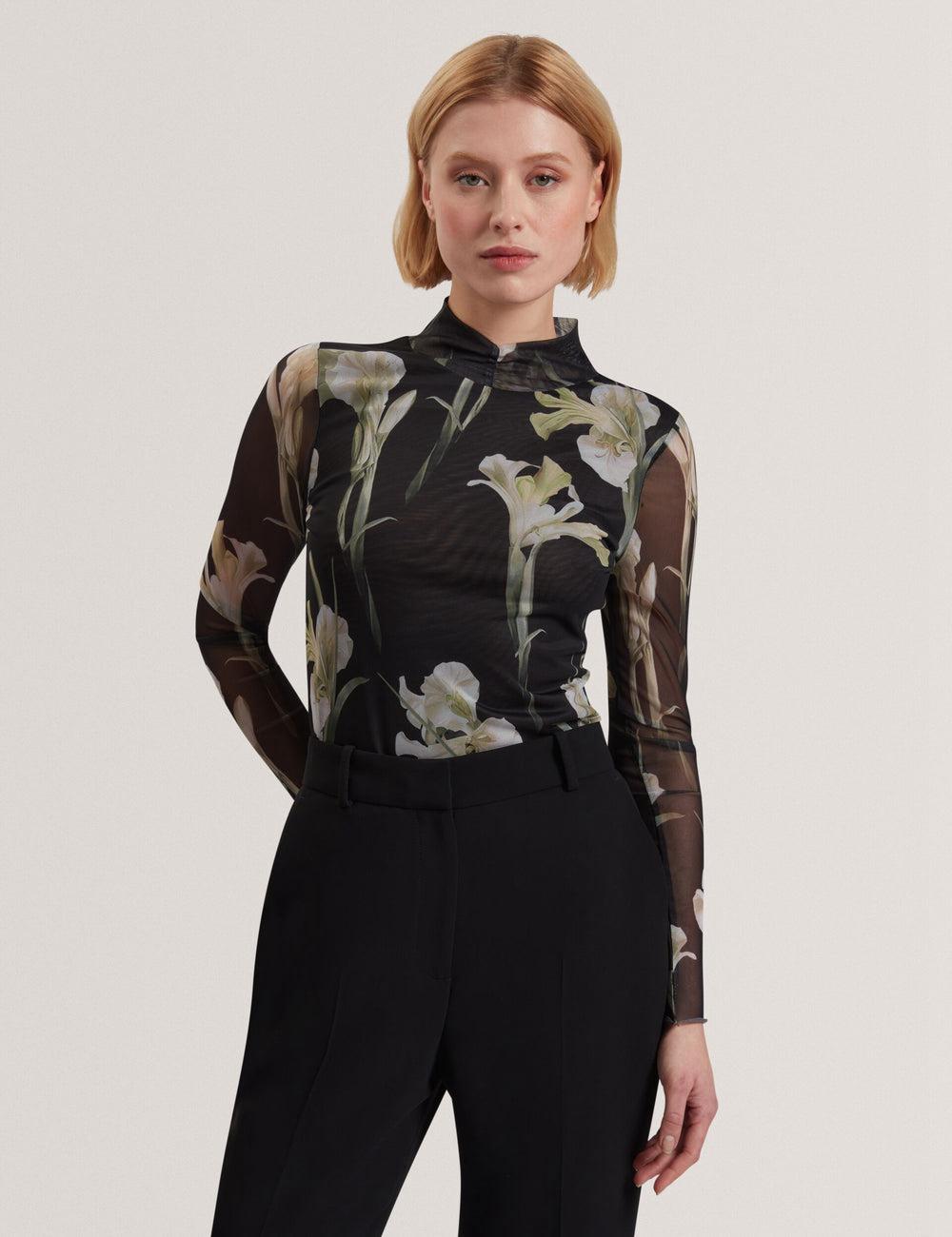 Black Women Ted Baker FIAAHH - Floral Print High Neck Sheer Mesh Tops | SA  BVS-731650
