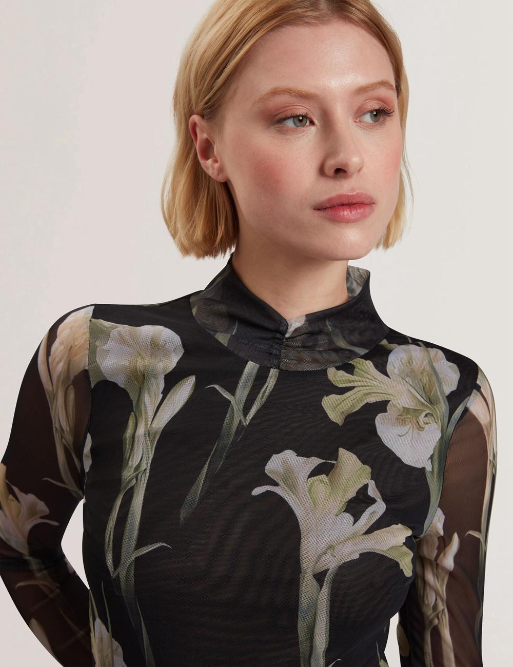 Black Women Ted Baker FIAAHH - Floral Print High Neck Sheer Mesh Tops | SA  BVS-731650