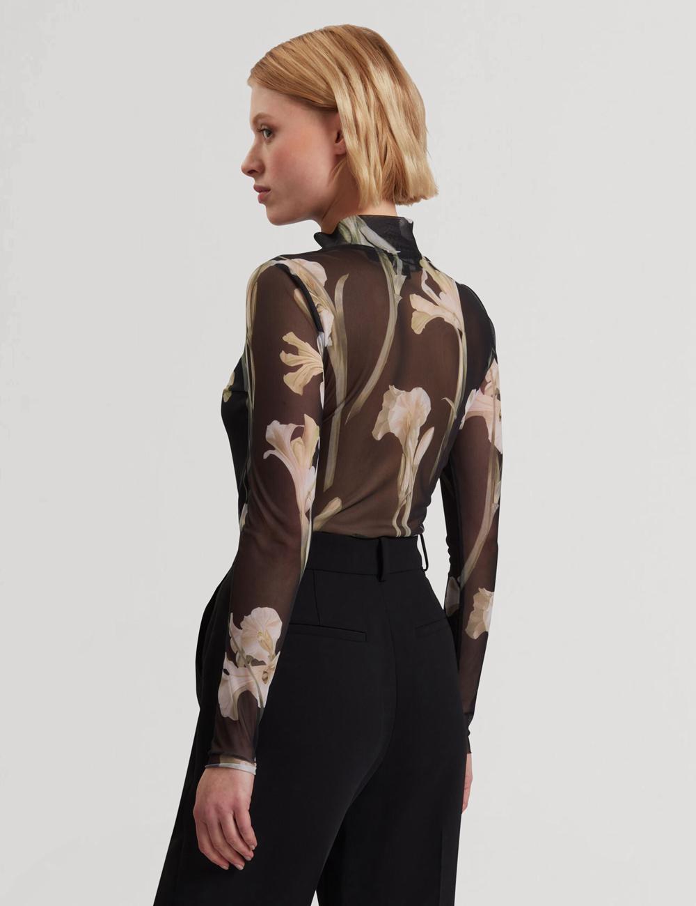 Black Women Ted Baker FIAAHH - Floral Print High Neck Sheer Mesh Tops | SA  BVS-731650