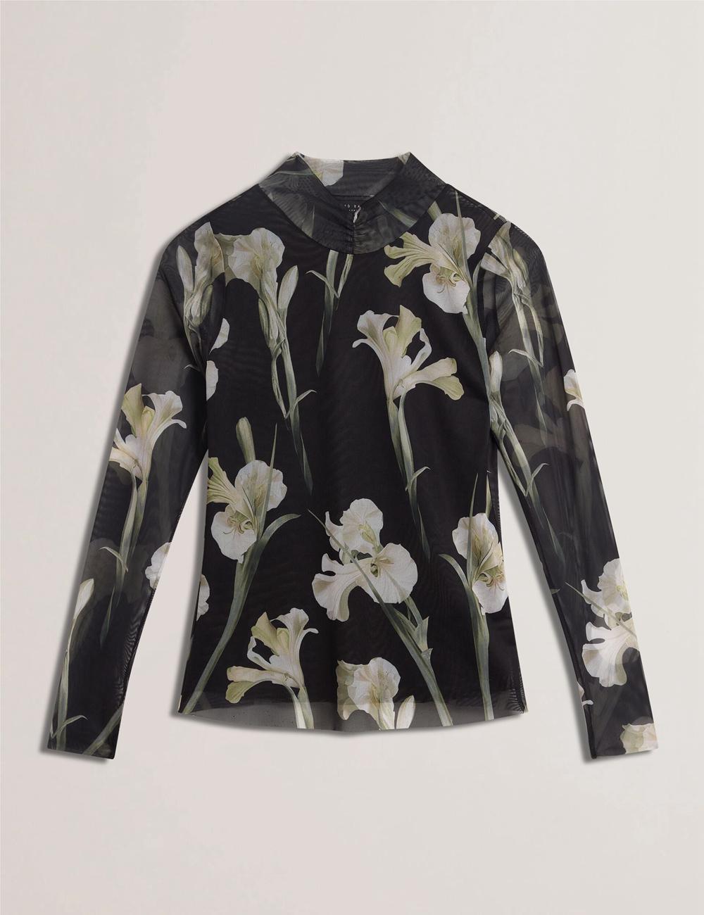 Black Women Ted Baker FIAAHH - Floral Print High Neck Sheer Mesh Tops | SA  BVS-731650