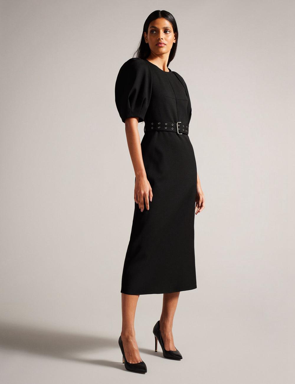 Black Women Ted Baker GABYELA - Structured Puff Sleeve With Belt Midi Dresses | SA  DHC-560794