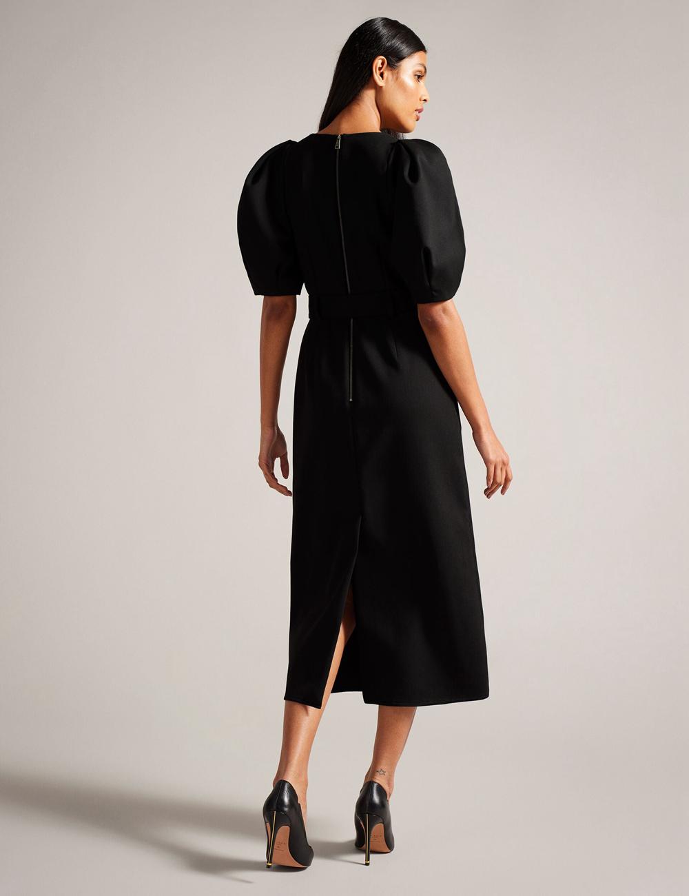 Black Women Ted Baker GABYELA - Structured Puff Sleeve With Belt Midi Dresses | SA  DHC-560794