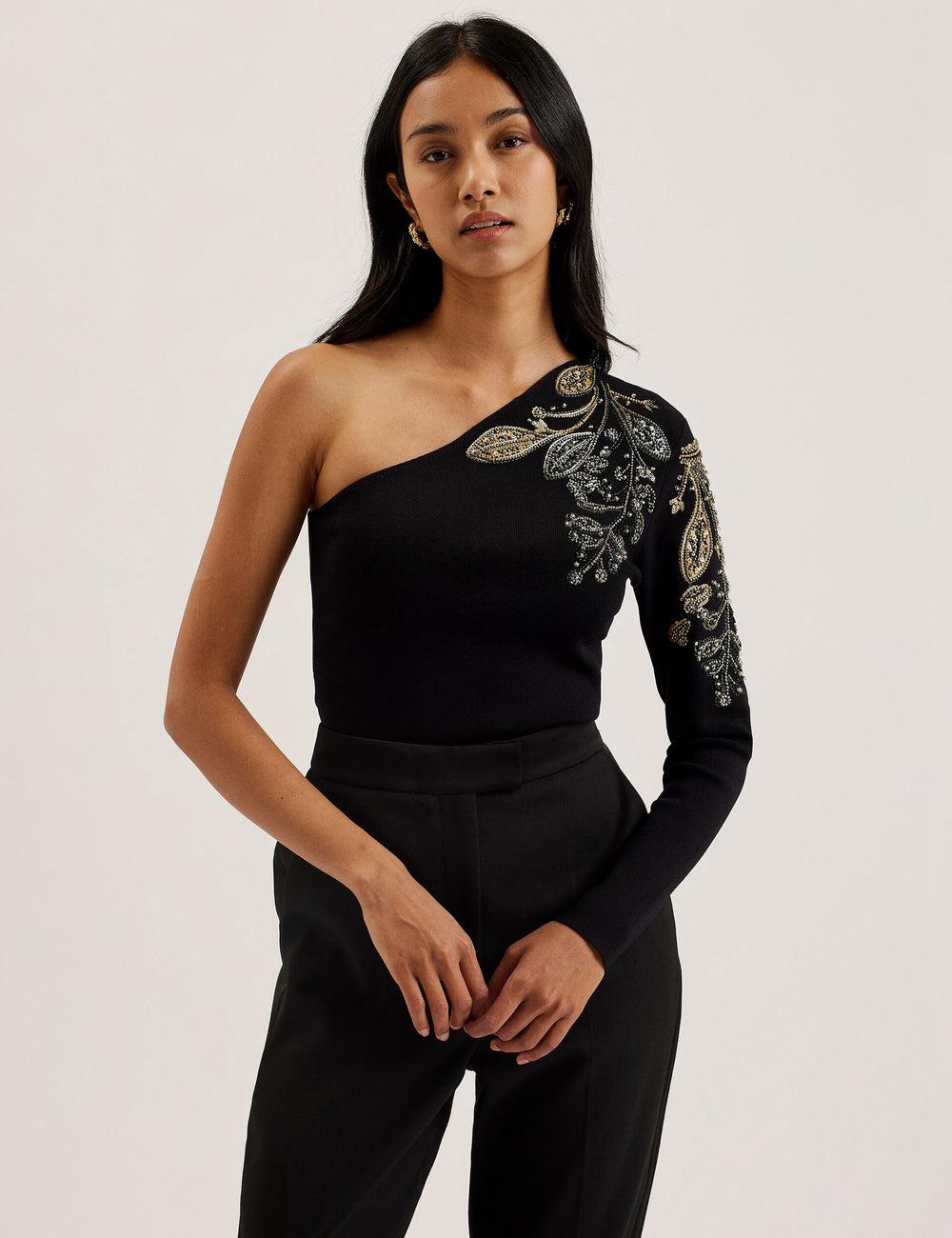 Black Women Ted Baker HEATHRR - One Shoulder Embellished Detail Tops | SA  RKM-817952