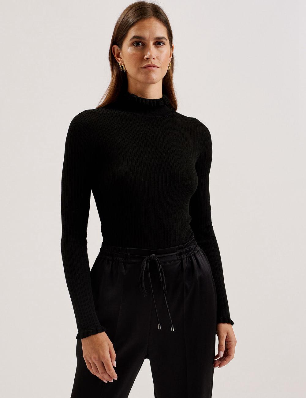 Black Women Ted Baker JANITTT - Ruffle Trim High Neck Ribbed Jumpers | SA  XIZ-846013