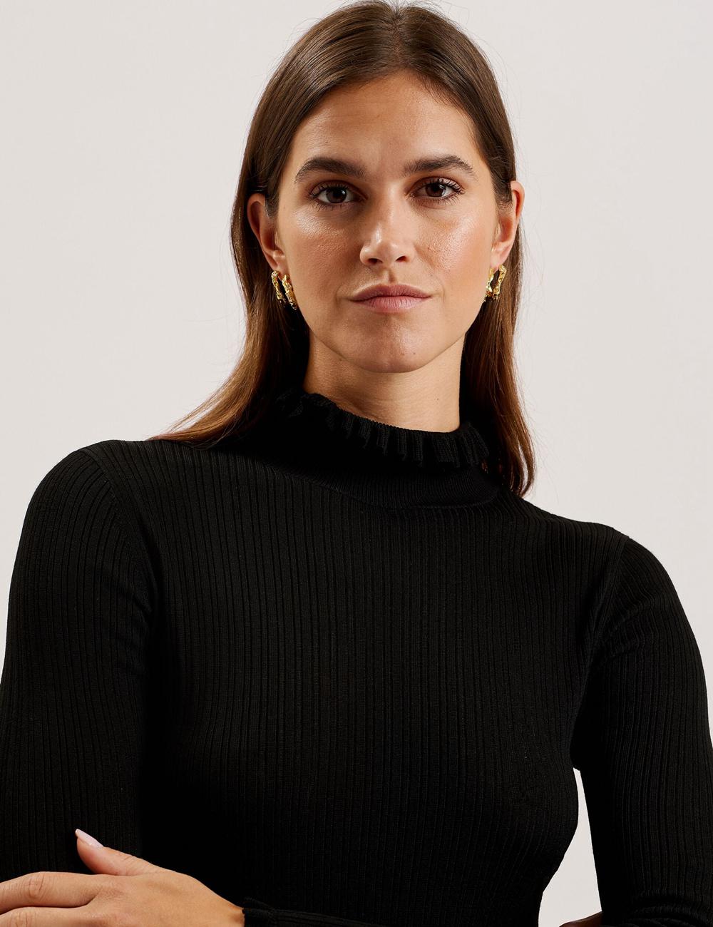 Black Women Ted Baker JANITTT - Ruffle Trim High Neck Ribbed Jumpers | SA  XIZ-846013