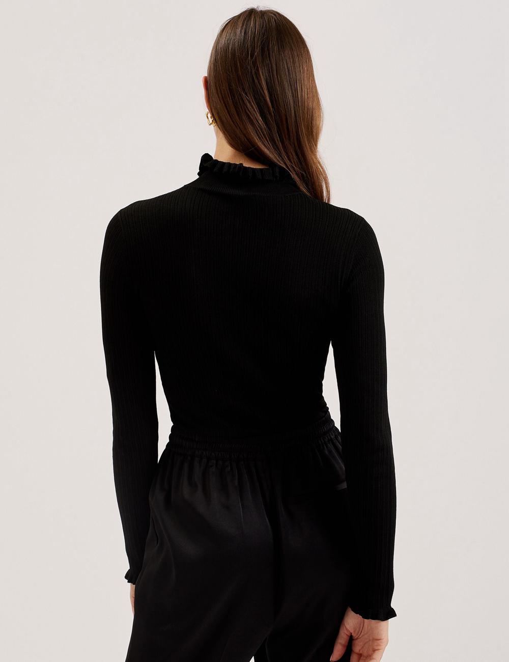 Black Women Ted Baker JANITTT - Ruffle Trim High Neck Ribbed Jumpers | SA  XIZ-846013