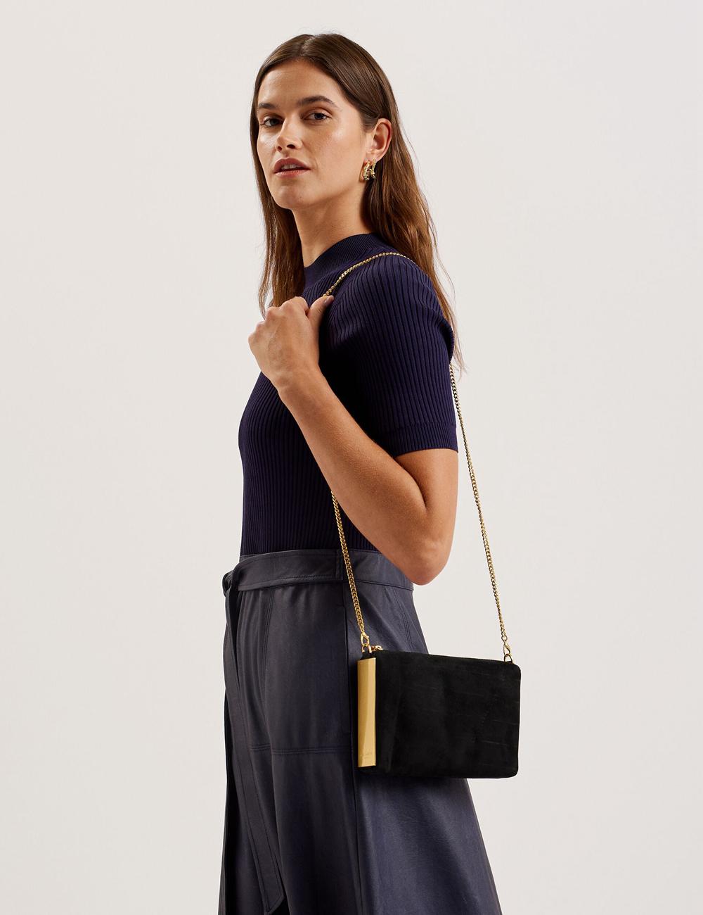 Black Women Ted Baker JEINER - Suede Clutch With Hardware Sides Clutch Bag | SA  KWD-104382