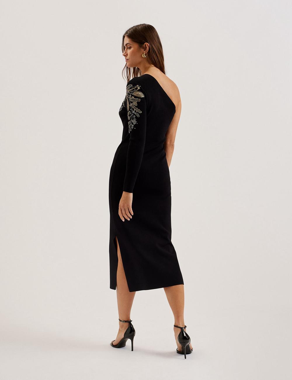 Black Women Ted Baker LIZYYY - One Shoulder Embellished Knit Midi Dresses | SA  NOB-582413