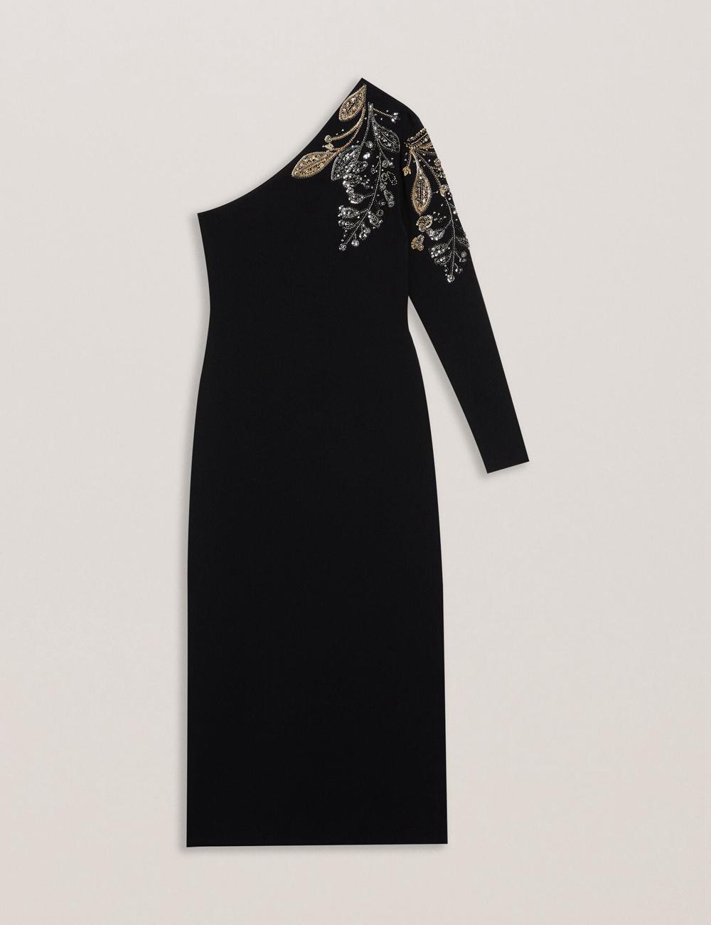 Black Women Ted Baker LIZYYY - One Shoulder Embellished Knit Midi Dresses | SA  NOB-582413
