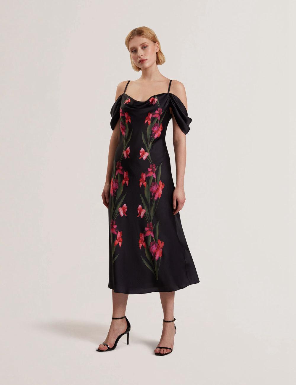 Black Women Ted Baker LUCERN - Floral Satin Off Shoulder Bias Midi Dresses | SA  GPW-589627