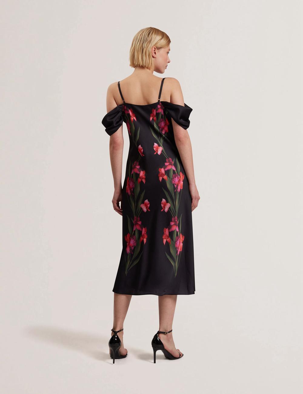 Black Women Ted Baker LUCERN - Floral Satin Off Shoulder Bias Midi Dresses | SA  GPW-589627