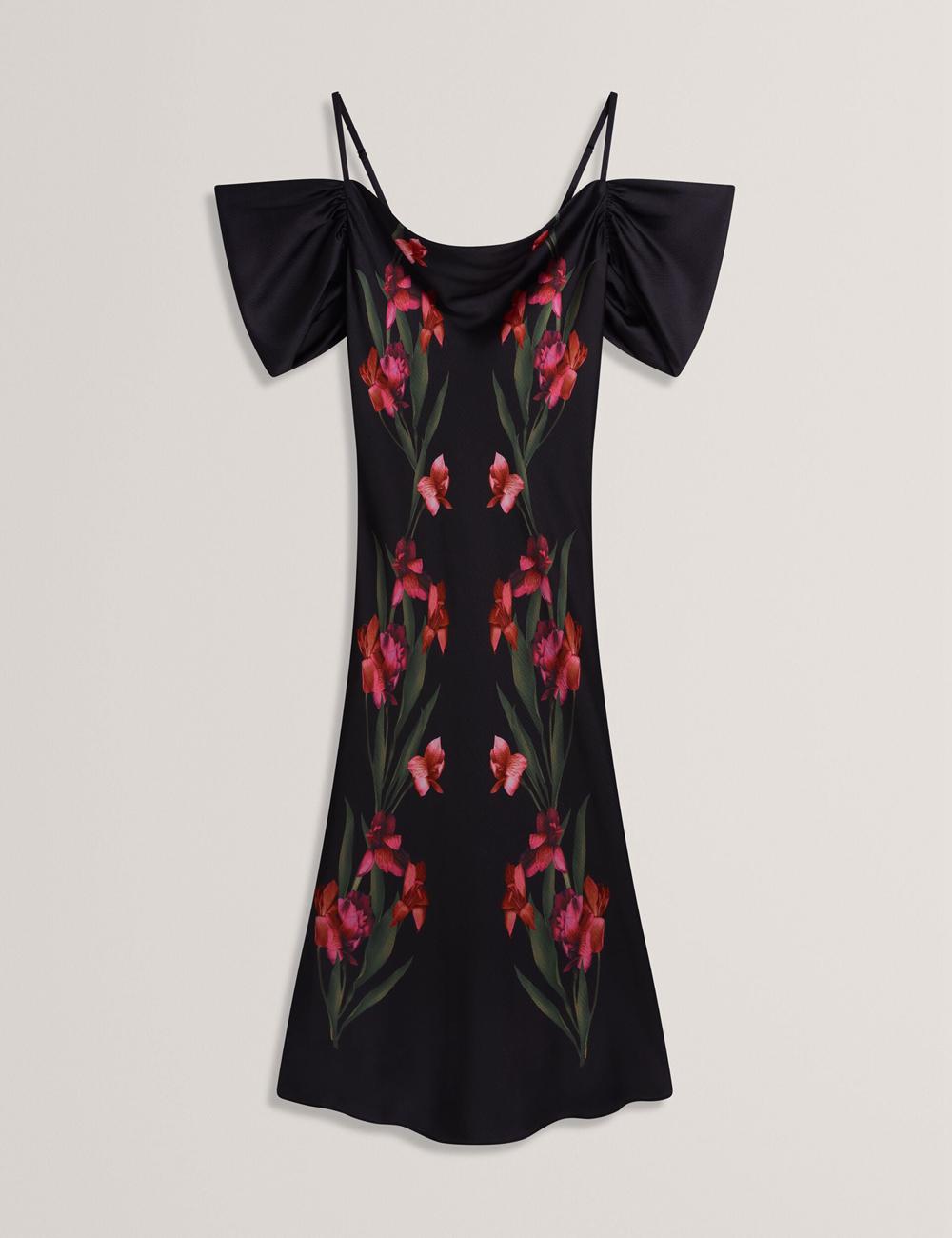 Black Women Ted Baker LUCERN - Floral Satin Off Shoulder Bias Midi Dresses | SA  GPW-589627