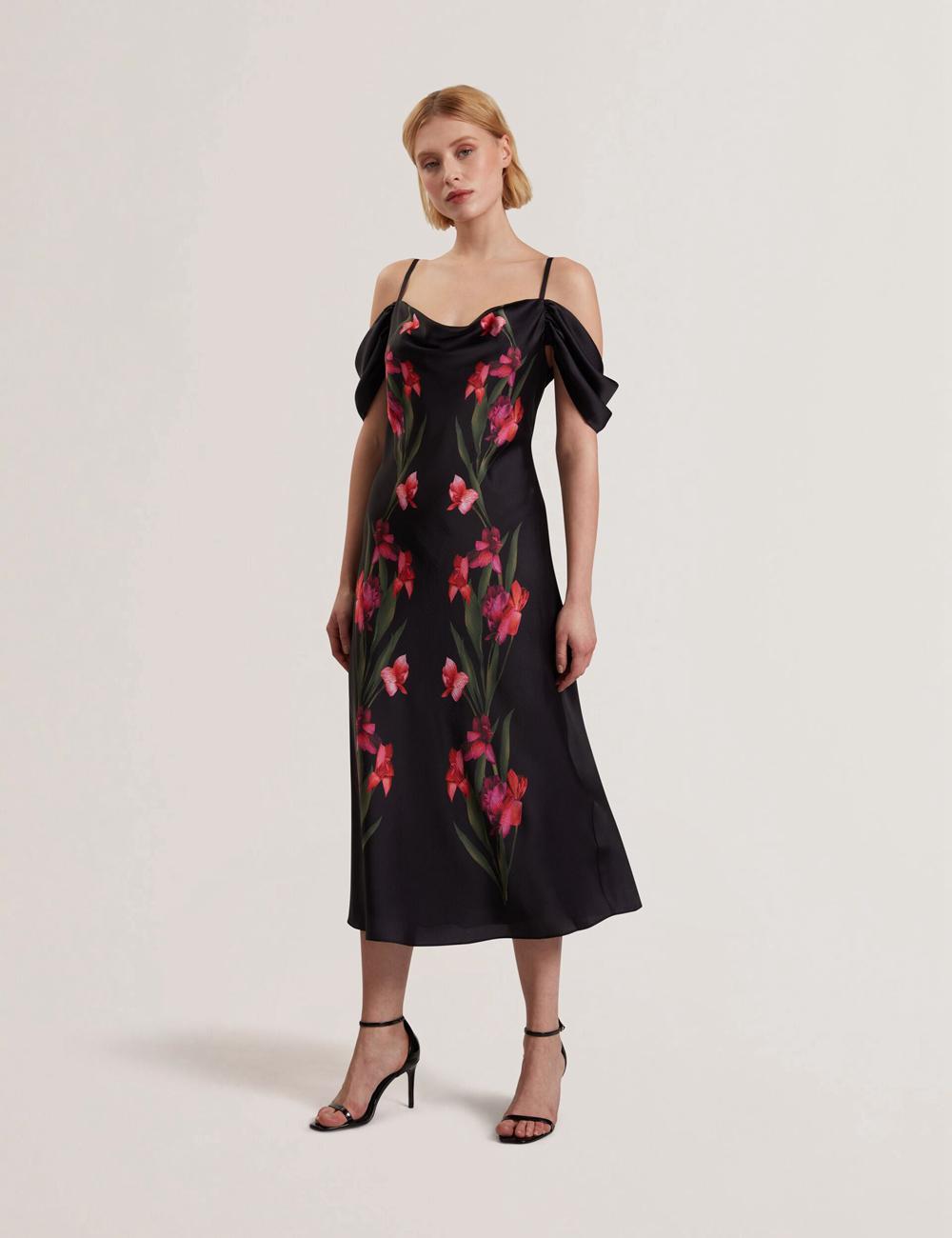 Black Women Ted Baker LUCERN - Floral Satin Off Shoulder Bias Midi Dresses | SA  GPW-589627