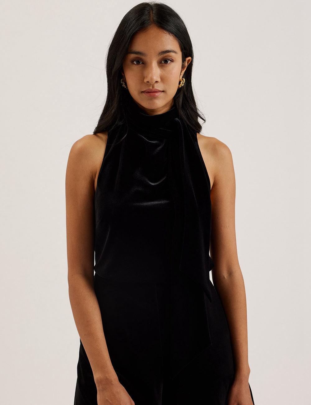 Black Women Ted Baker NALIAS - Velvet High Cowl Neck Sleeveless Tank Tops | SA  BXU-194052