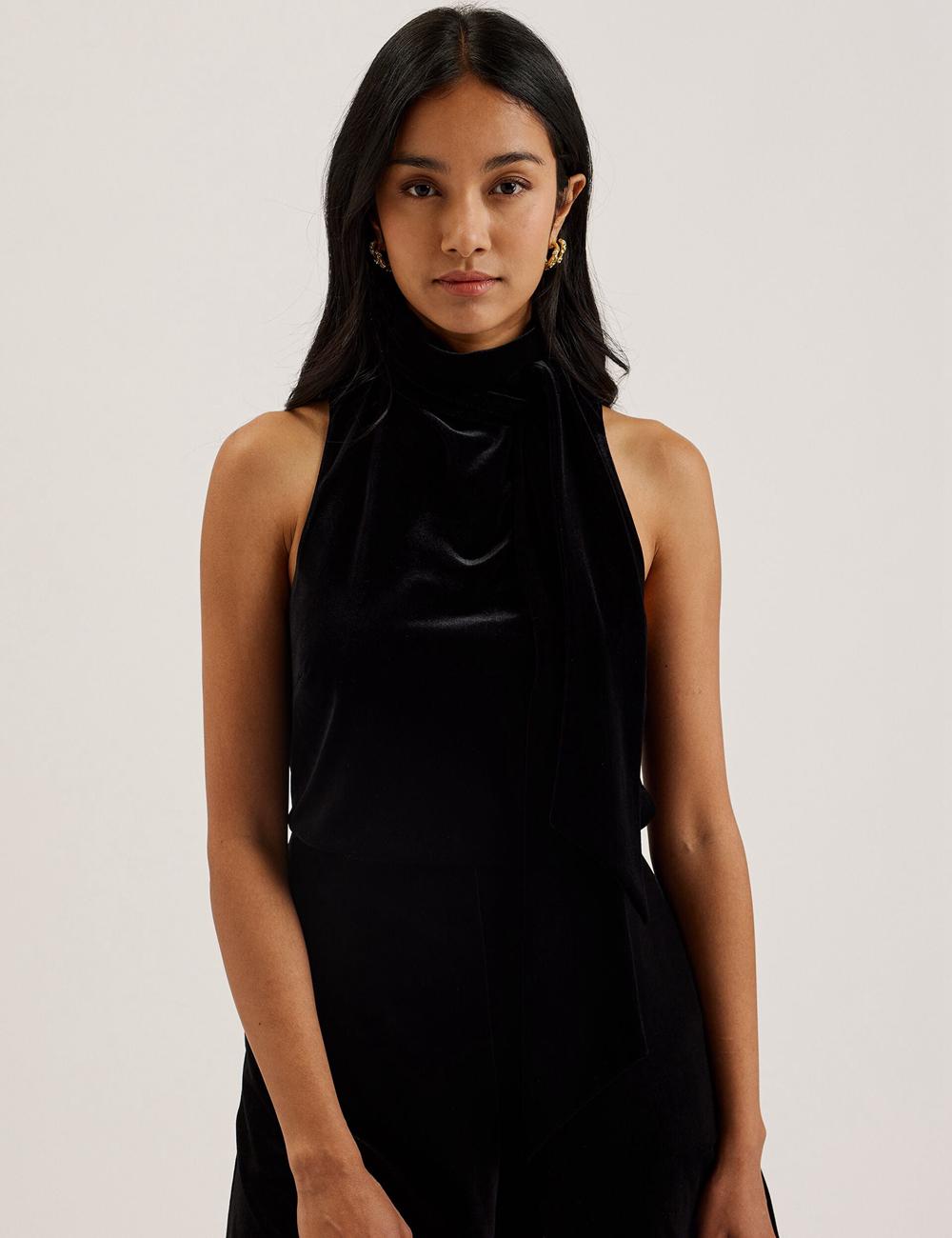 Black Women Ted Baker NALIAS - Velvet High Cowl Neck Sleeveless Tank Tops | SA  BXU-194052