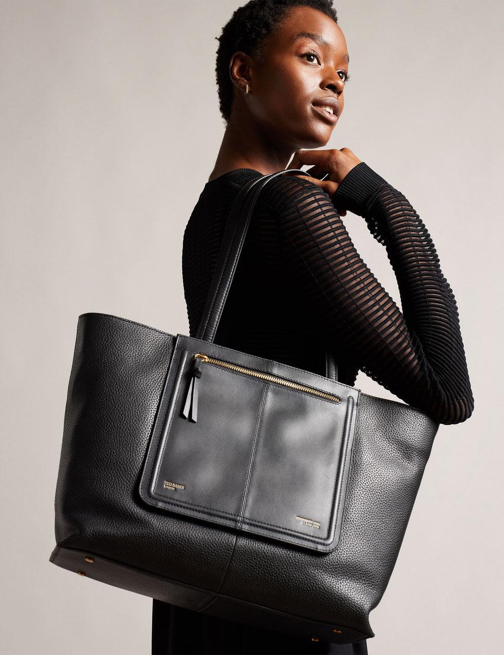 Black Women Ted Baker NISH - Wide Leather Shopper With Zip Pocket Shopper Bags | SA  TUS-791836