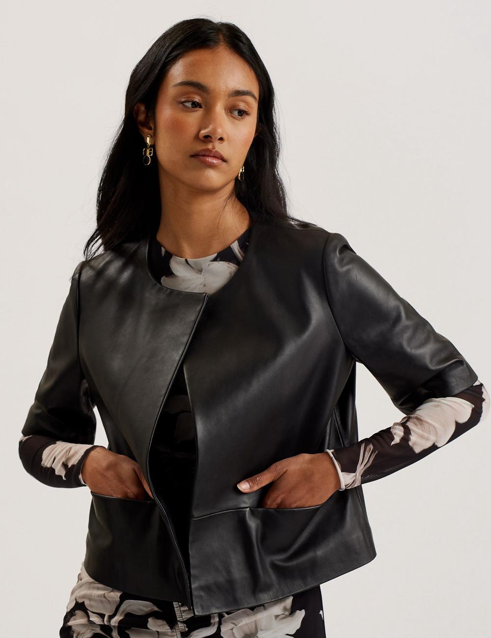 Black Women Ted Baker OBINO - Cropped Sleeve Open Leather Jackets | SA  BXQ-106894