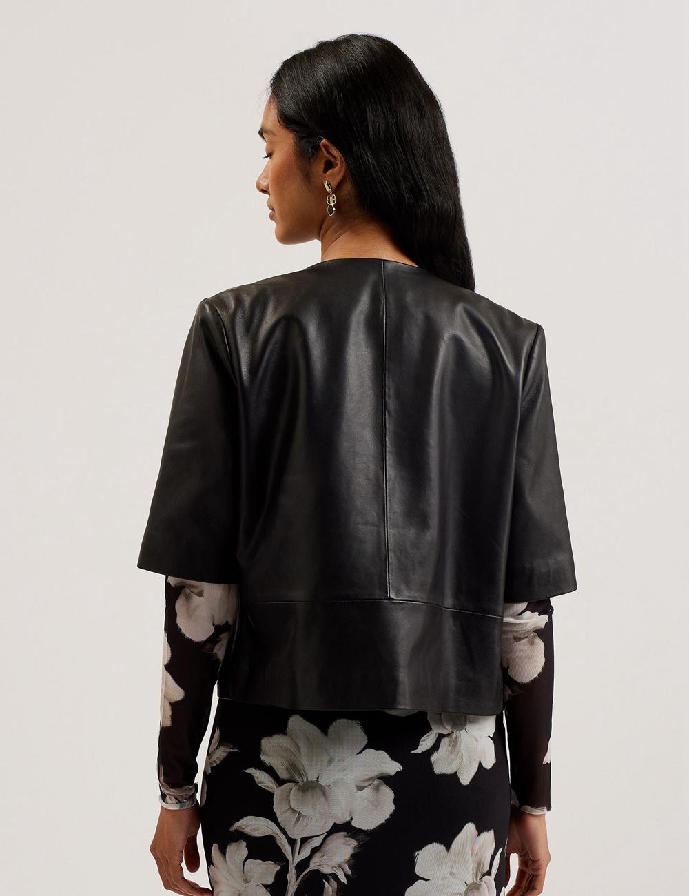 Black Women Ted Baker OBINO - Cropped Sleeve Open Leather Jackets | SA  BXQ-106894