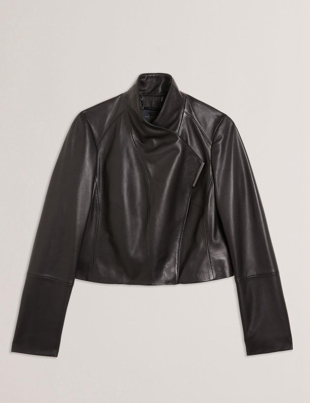 Black Women Ted Baker RIYOZE - Wrap Front Cropped Leather Jackets | SA  HXW-365819