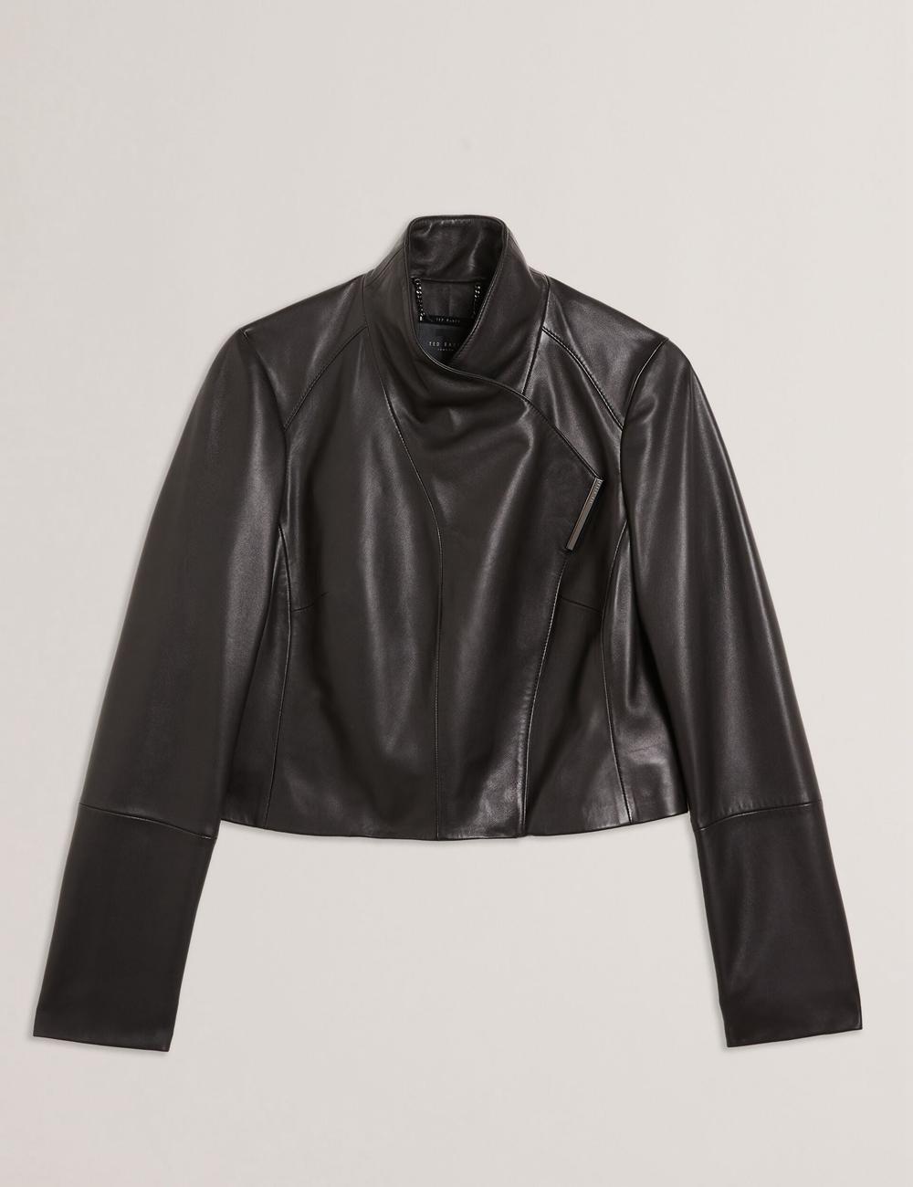 Black Women Ted Baker RIYOZE - Wrap Front Cropped Leather Jackets | SA  HXW-365819
