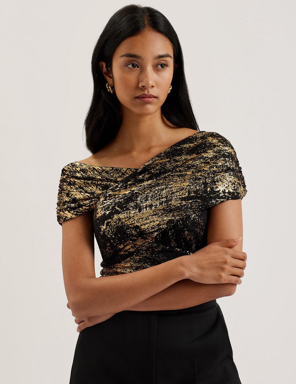 Black Women Ted Baker TALULAR - Bardot Foil Printed Mesh Tops | SA  AUE-074381