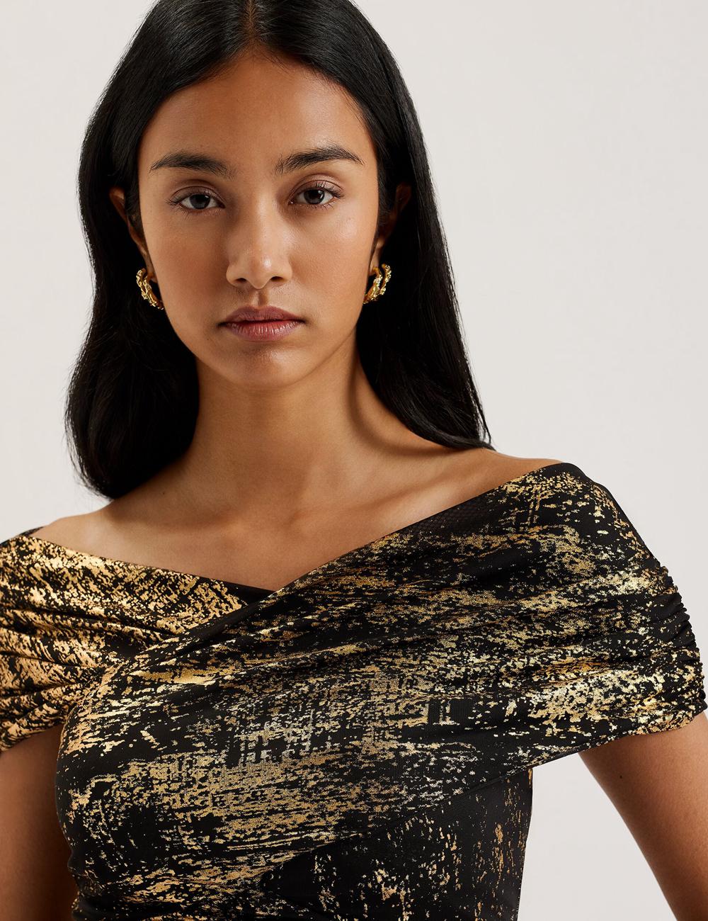 Black Women Ted Baker TALULAR - Bardot Foil Printed Mesh Tops | SA  AUE-074381
