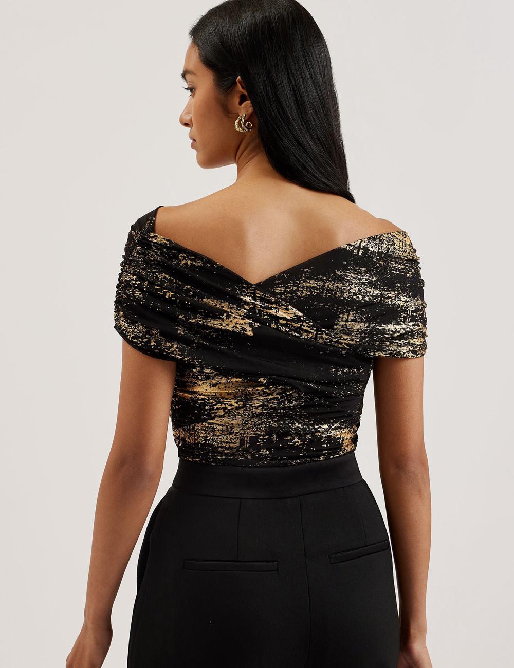 Black Women Ted Baker TALULAR - Bardot Foil Printed Mesh Tops | SA  AUE-074381
