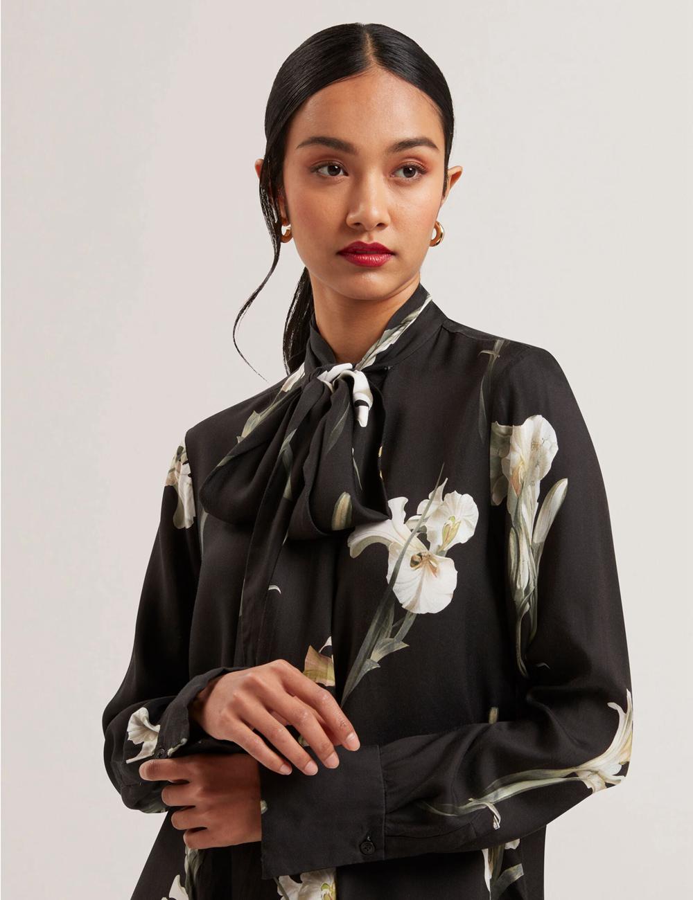 Black Women Ted Baker ZAKIIER - Neck Floral Print Long Sleeve Blouses | SA  NXE-963054