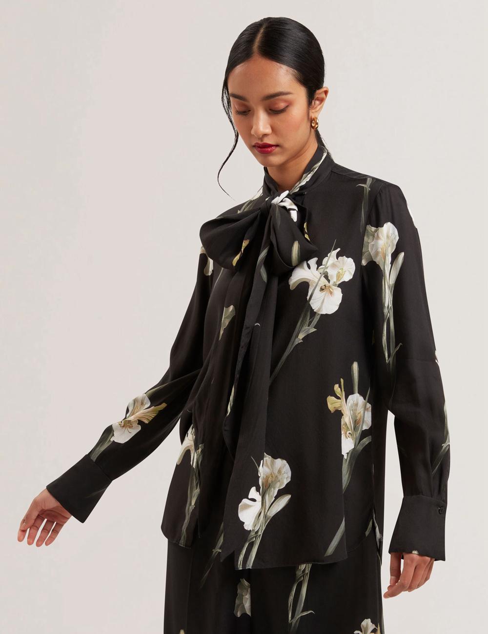 Black Women Ted Baker ZAKIIER - Neck Floral Print Long Sleeve Blouses | SA  NXE-963054